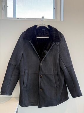 Men's Black Shearling Pea Coat with Fur Collar